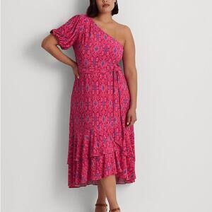 Ralph Lauren Pink Fuchsia Geo-Print Jersey One-Shoulder Dress Womens Size 16W